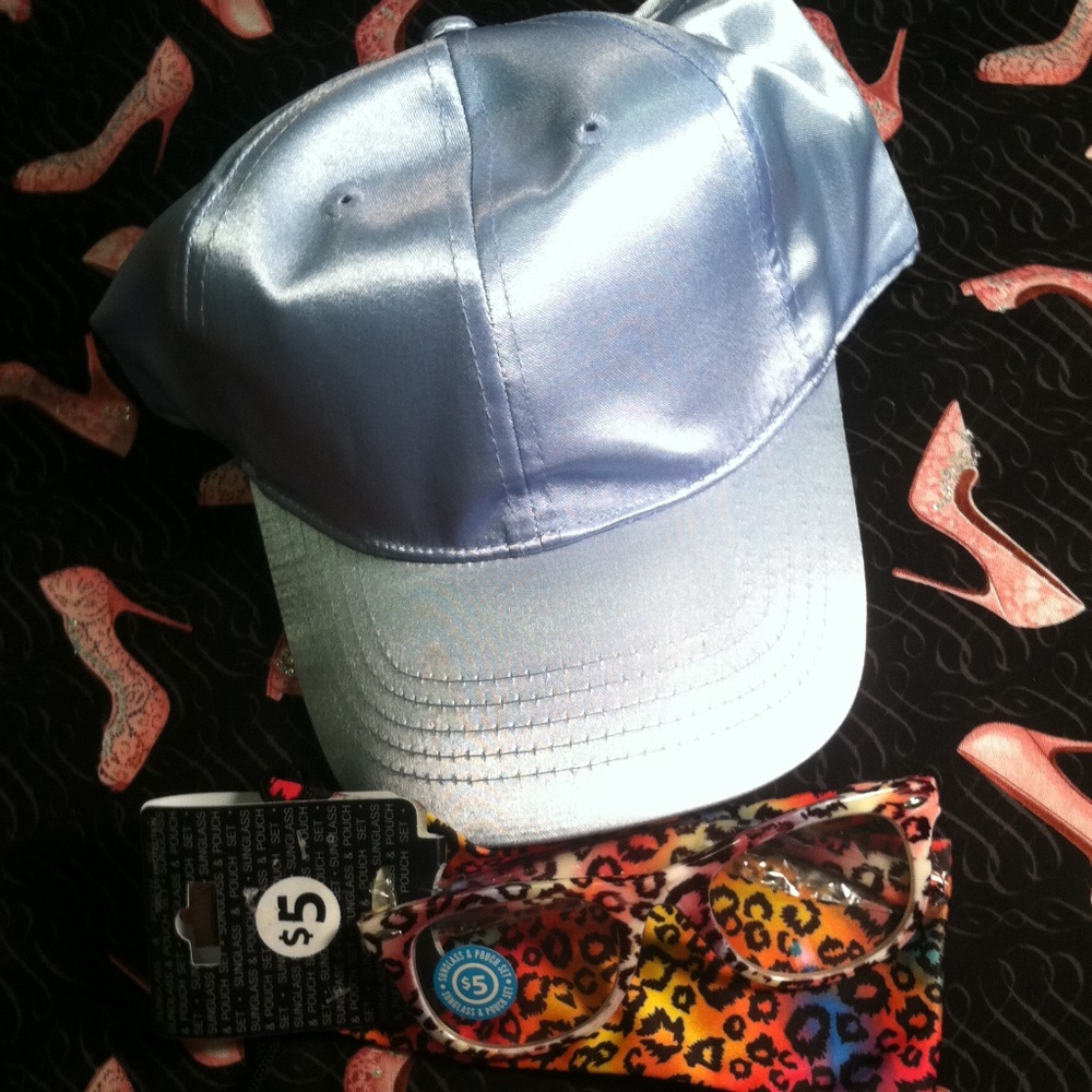 (NWT ) Powder Blue Satin Ball Cap & Glasses